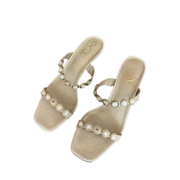 Sam Edelman Women's Cream Pearl Embellishment Palma Kitten Heels Sandal Size 10 - Picture 3 of 8